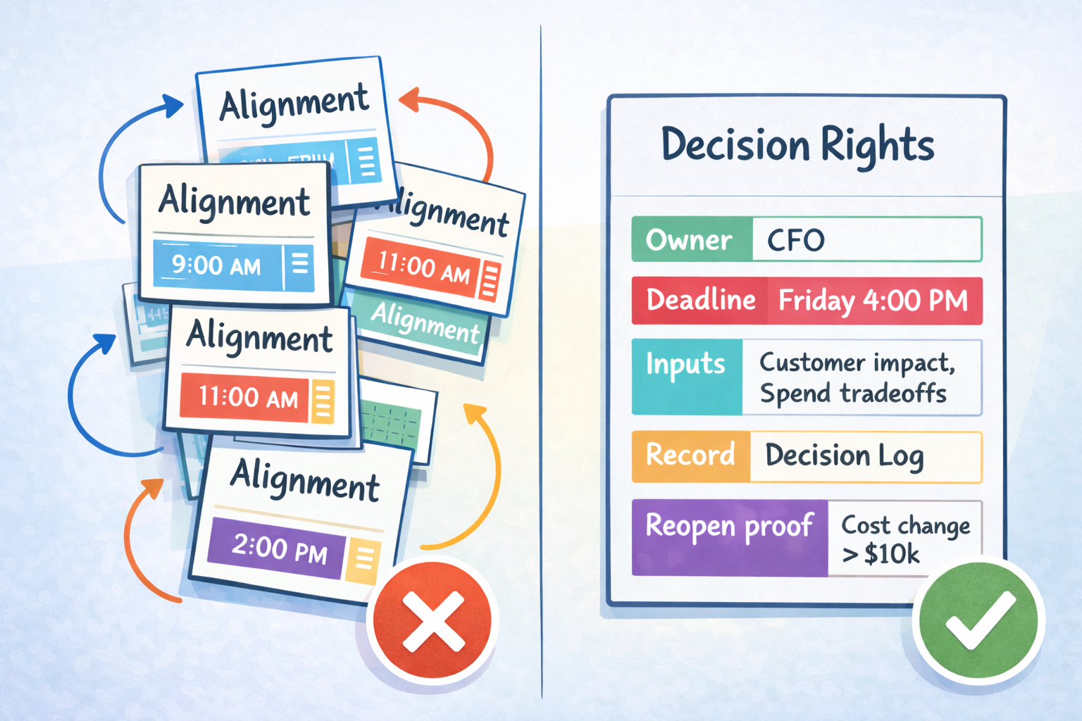 Teams add alignment meetings instead of assigning clear decision rights