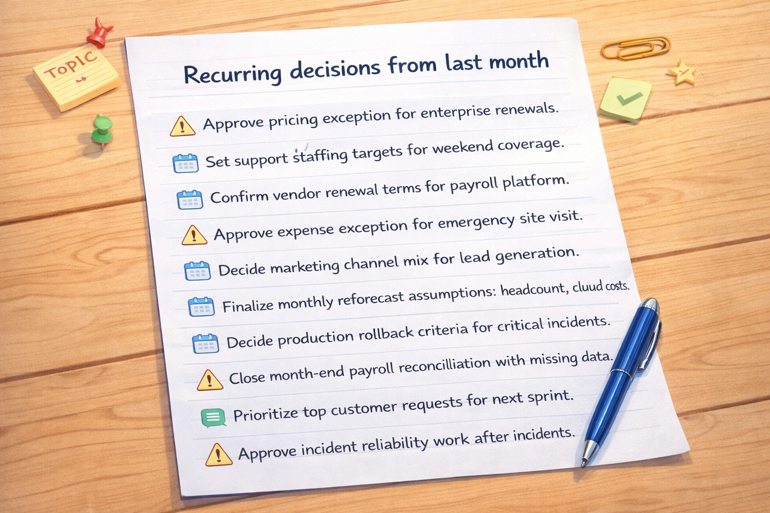 Day One: list ten recurring decisions pulled from real friction in meetings and threads