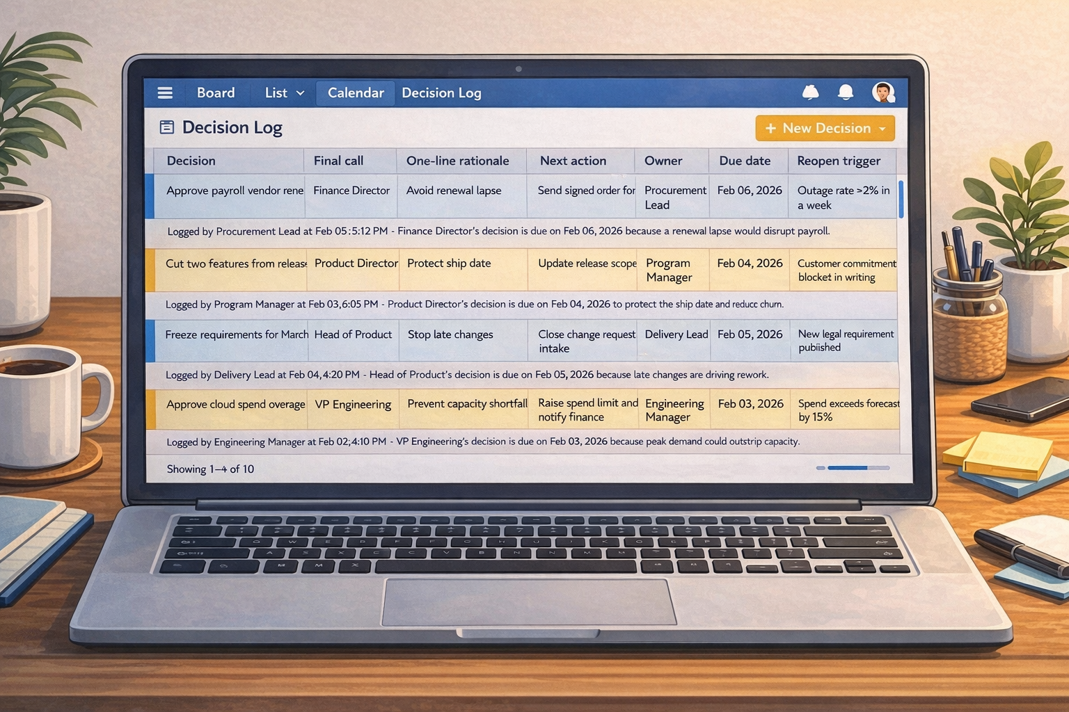 Day Four: decision log entry showing the call, rationale, next action, and reopen trigger