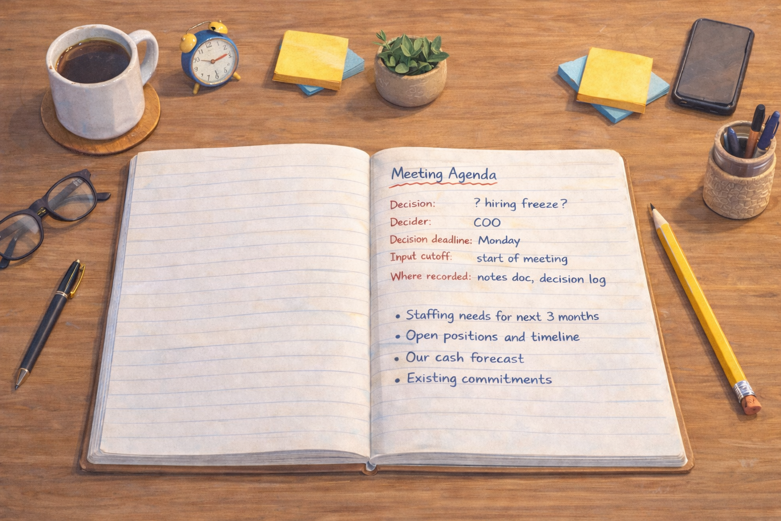 Day Five: meeting opener that names the decision, decider, and deadline before debate