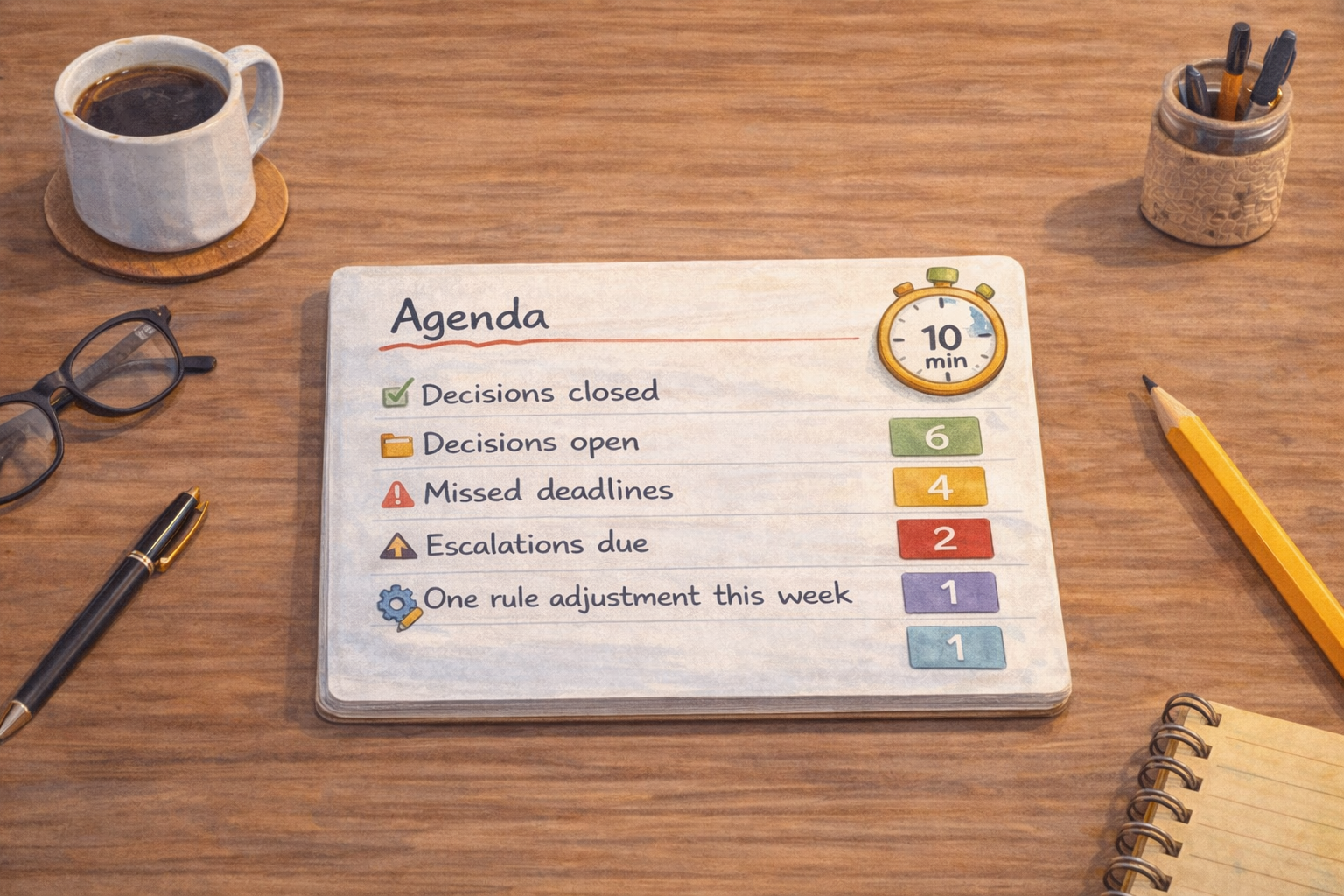 Day Six: ten minute weekly decision review focused on open decisions and missed deadlines